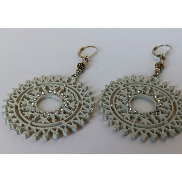 Handmade Enameled Goldtone Crystal Filagree Sunburst Statement Earrings 3 in - Picture 10 of 11